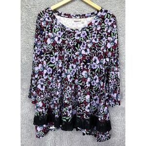 LOGO Lori Goldstein Women Tunic Top Purple Floral Lace Trim Pockets Boho XL NWOT